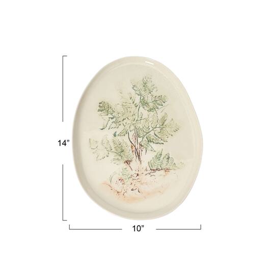 14" Cream & Green Reactive Glaze Oval Debossed Stoneware Platter